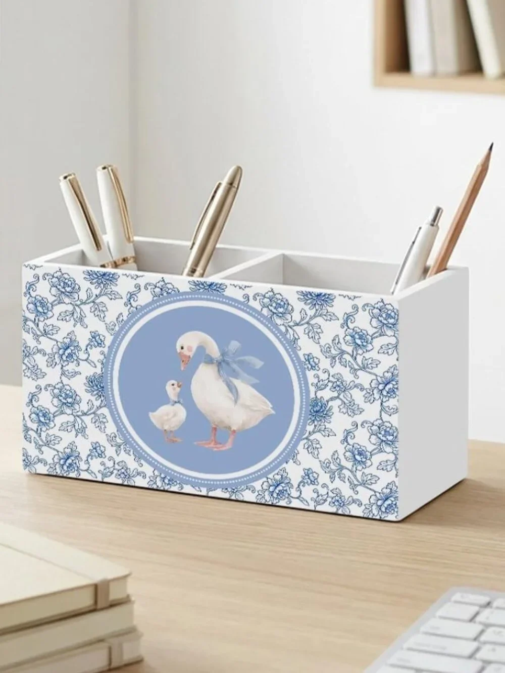 White and Blue Duck Pattern Wooden Desk Organizer